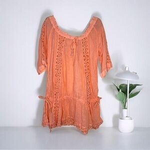 RARE Sunday St Tropez LINEN Dentelle Lace Crochet Cover Up Dress Orange